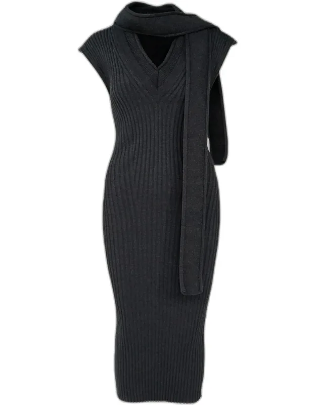 Scarf-neck Sleeveless Rib Knit Midi Dress