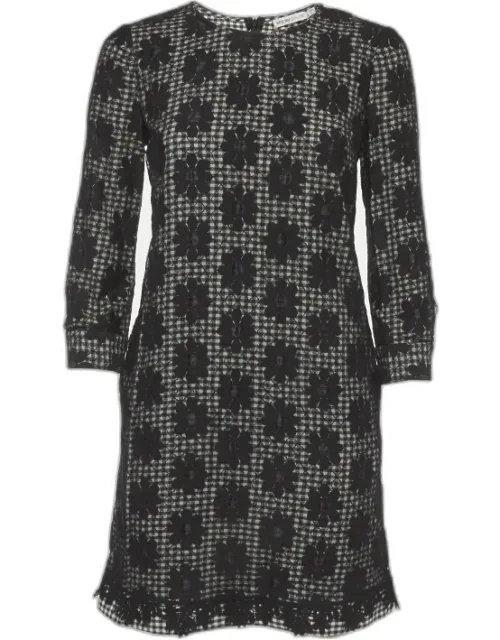Monochrome Checkered Floral Mesh Overlay Shift Dress