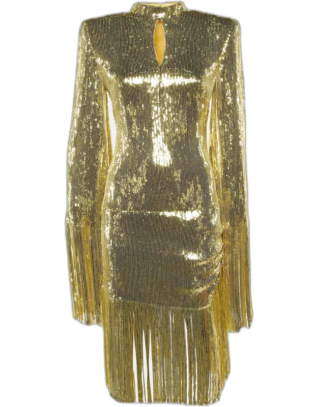 Gold Sequin Fringed Midi Dress