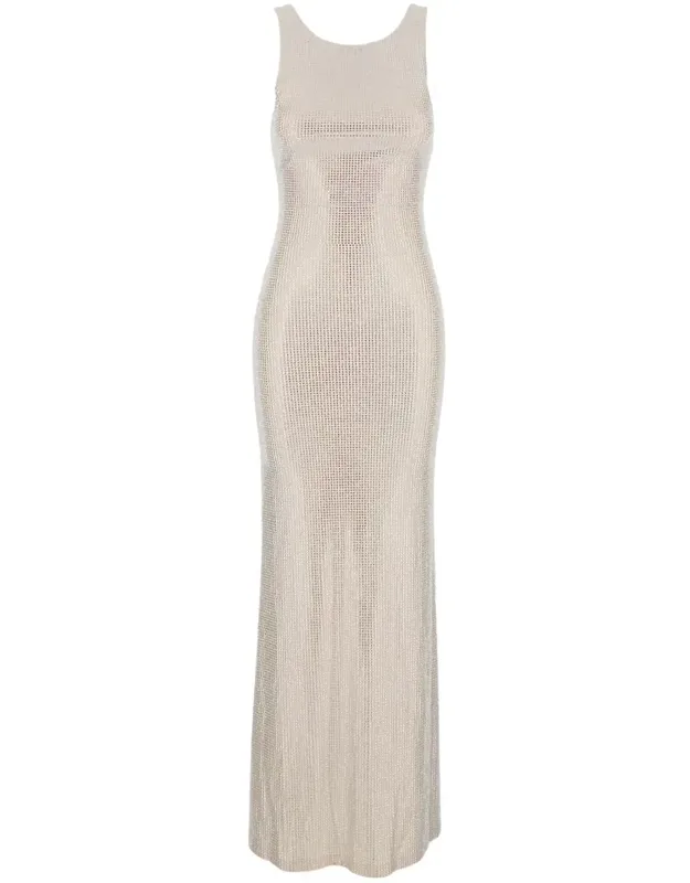 Helios Pink Rhinestoned Sleeveless Long Dress In Tech Fabric