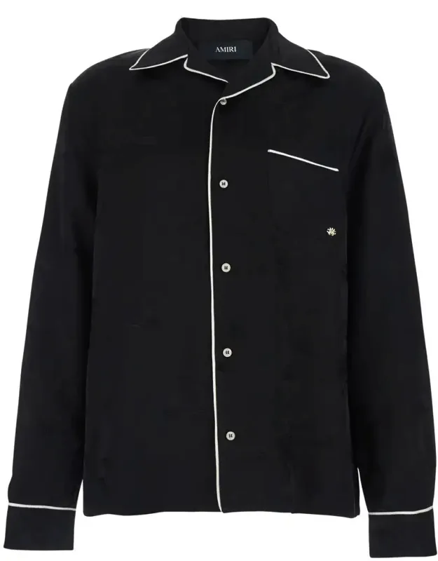 Shirt With Cuban Collar And Tone-on-tone Floral Embroidery In Viscose