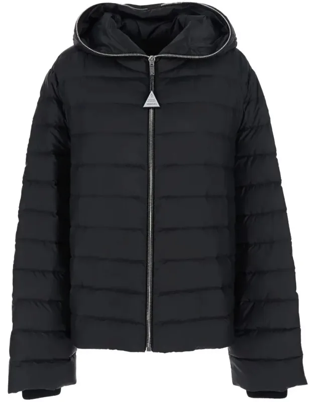 Down Jacket With Hood And Logo Patch On Sleeve In Tech Fabric