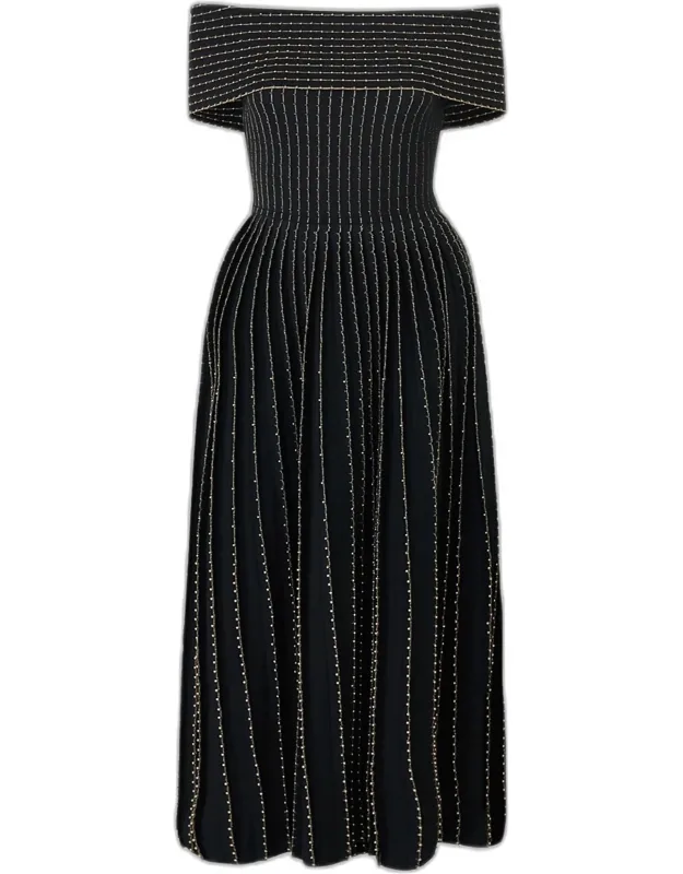 Beaded Off-the-shoulder Pleated Knit Maxi Dress