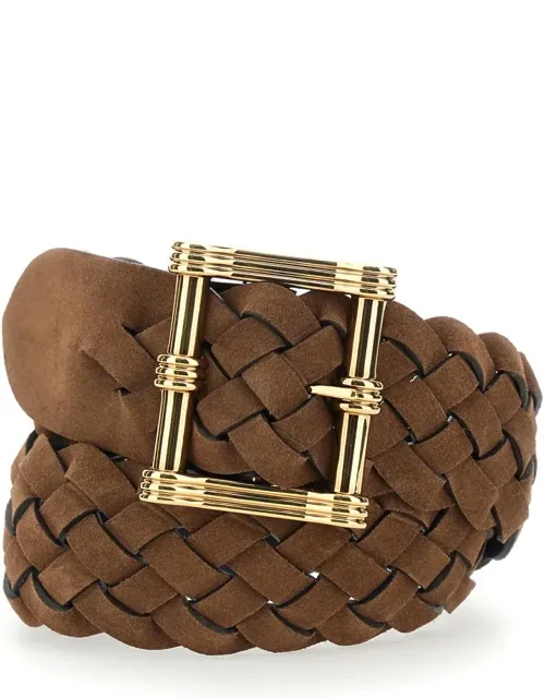 Belt With Intrecciato Motif And Front Buckle Closure In Suede
