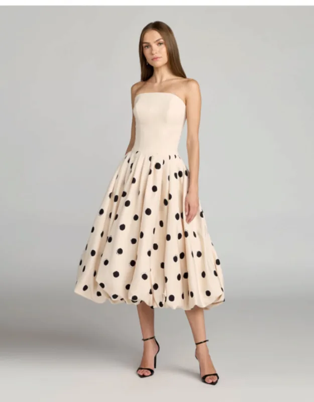 Strapless Polka Dot Bubble Skirt Midi Dress
