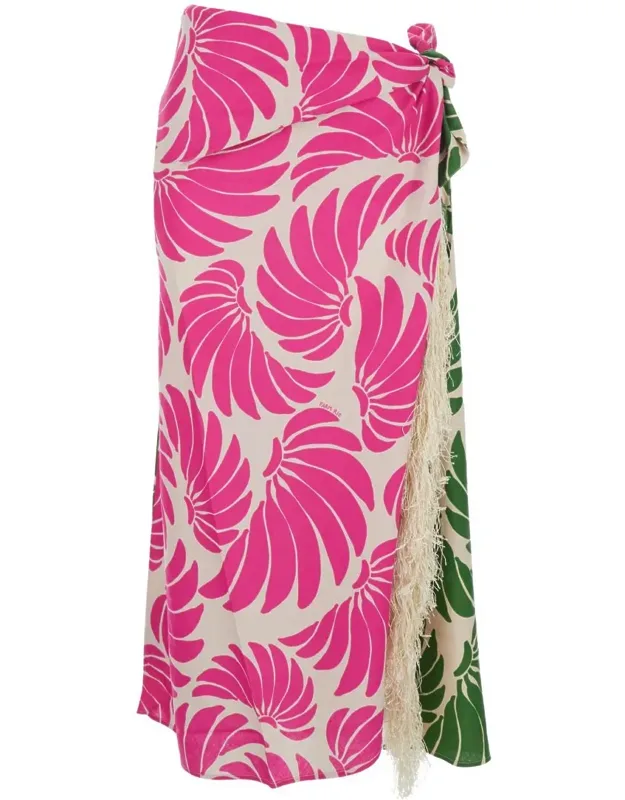 Multicolor Midi Skirt With Side Knot Closure And All-over Floral Print In Linen Blend