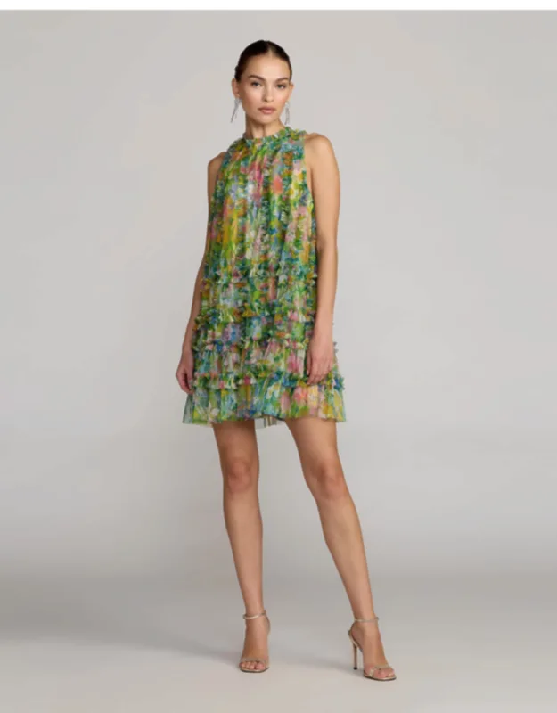 Printed Sleeveless High Neck Ruffle Mini Dress