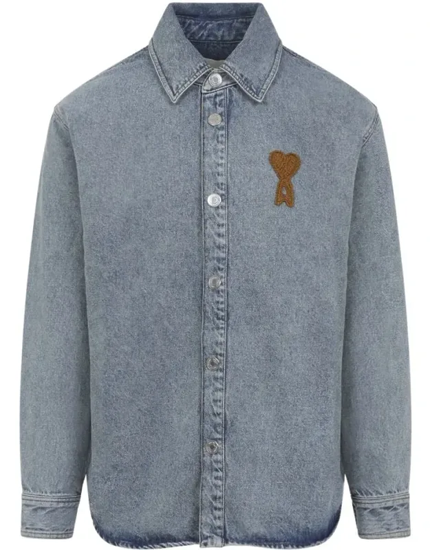 Shirt Crafted From Faded Cotton Denim, Pointed Collar