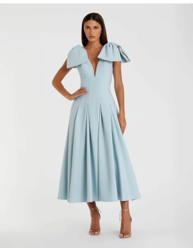 Crepe A Line Midi Dress With Bow Straps