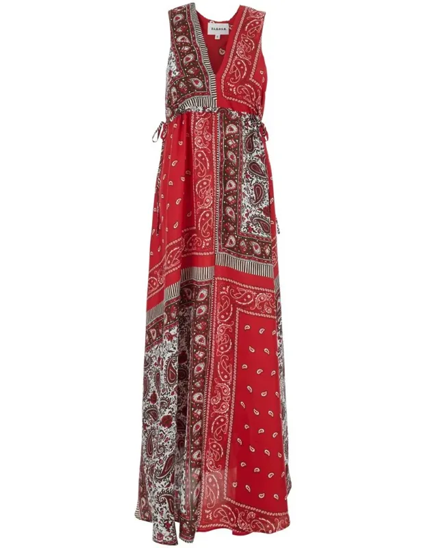 Long Dress With V-neck And All-over Bandana Motif In Silk