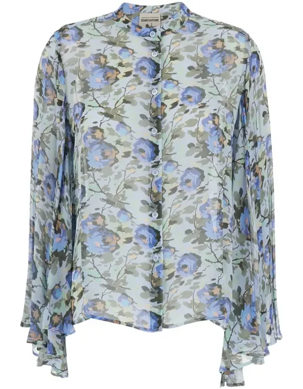 Crewneck Shirt With Ruched Sleeves And All-over Floral Print In Viscose