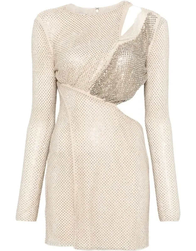 Champagne Rhinestone Lace Trim Mini Dress