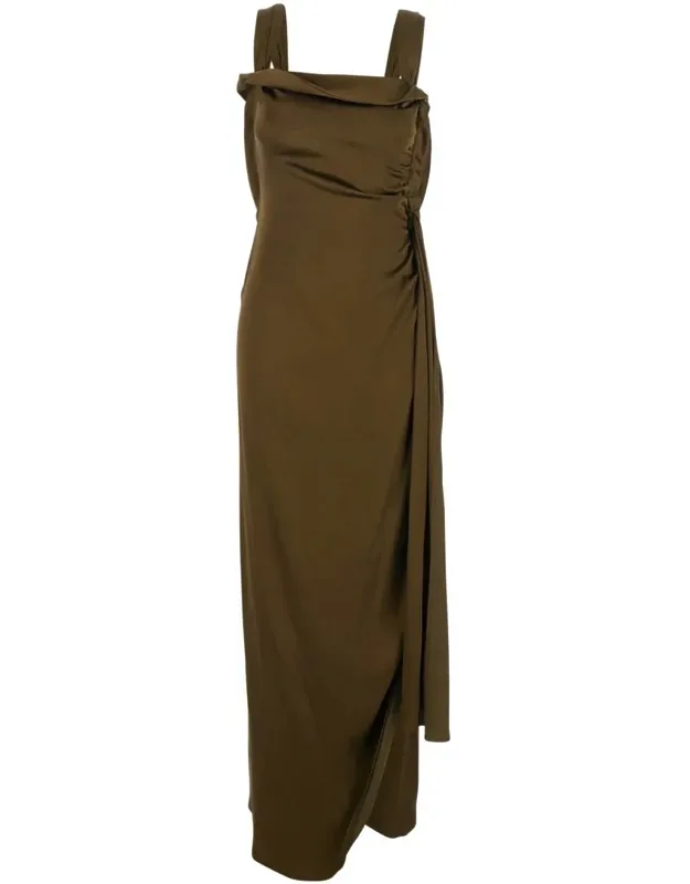 Asymmetric Long Dress With Draping And Side Tie Closure