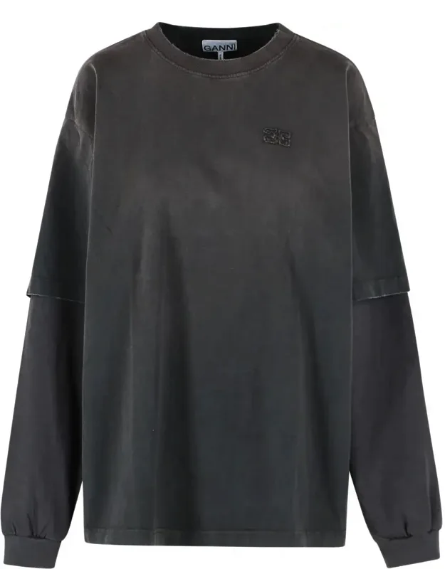 Ganni T-shirt With Ribbed Crew Neck And Tonal Logo Appliqué