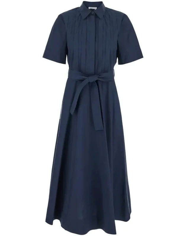 Long Dress With Classic Collar And Waist Belt In Cotton