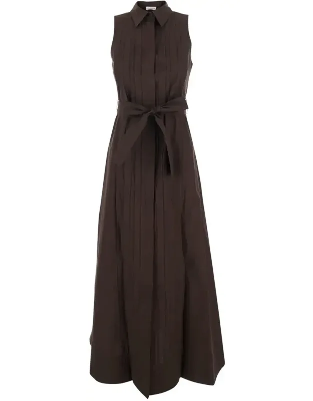 Sleeveless Long Dress With Classic Collar And Front Belt In Cotton
