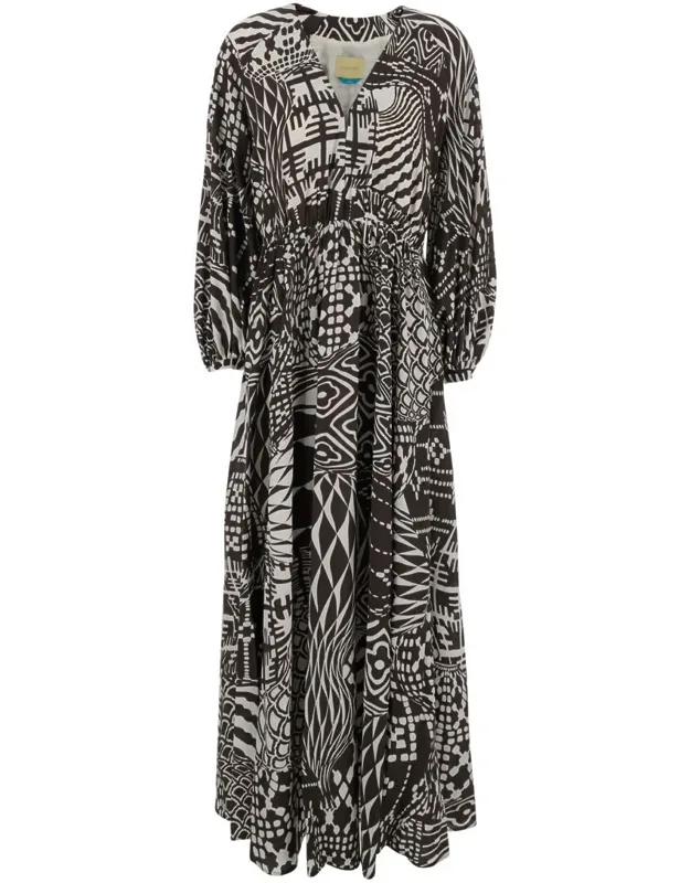 Francisco Silk Dress With V Neck And All-over Geometric Motif