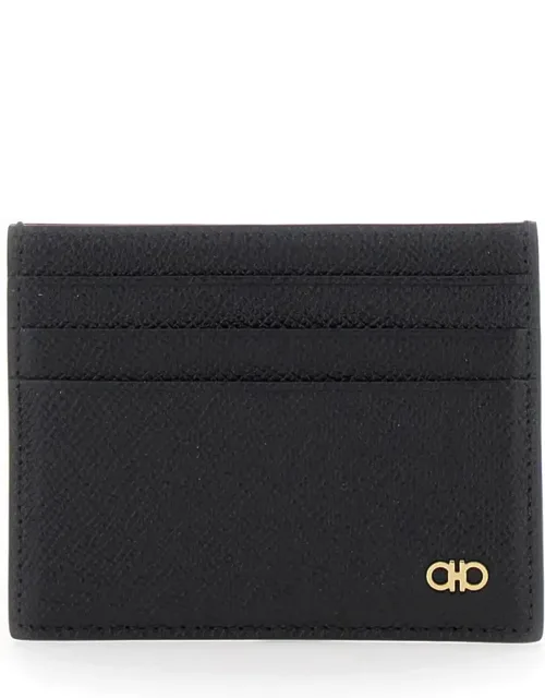 Card Holder With Micro Gancini On The Front And Logo Lettering On The Rear In Grained Leather