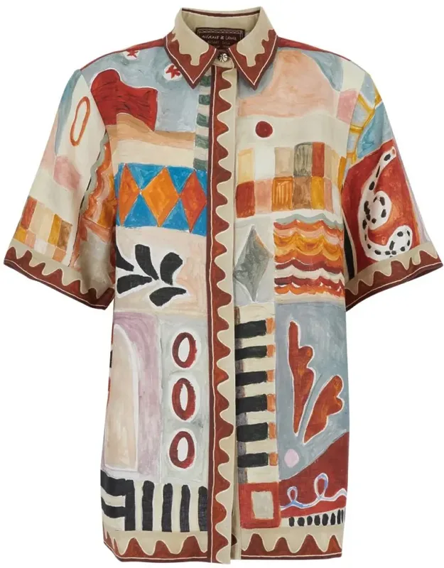 Multicolor Shirt With Classic Collar And All-over Geometric Motif In Linen