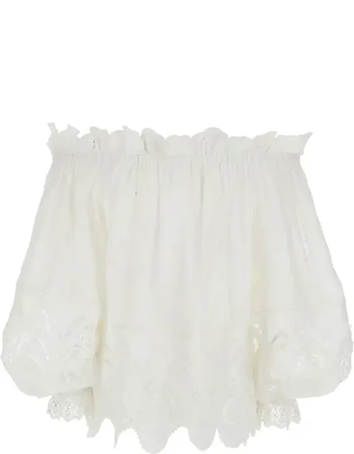 Off-shoulder Top With Elastic Neckline And All-over Embroidery In Linen