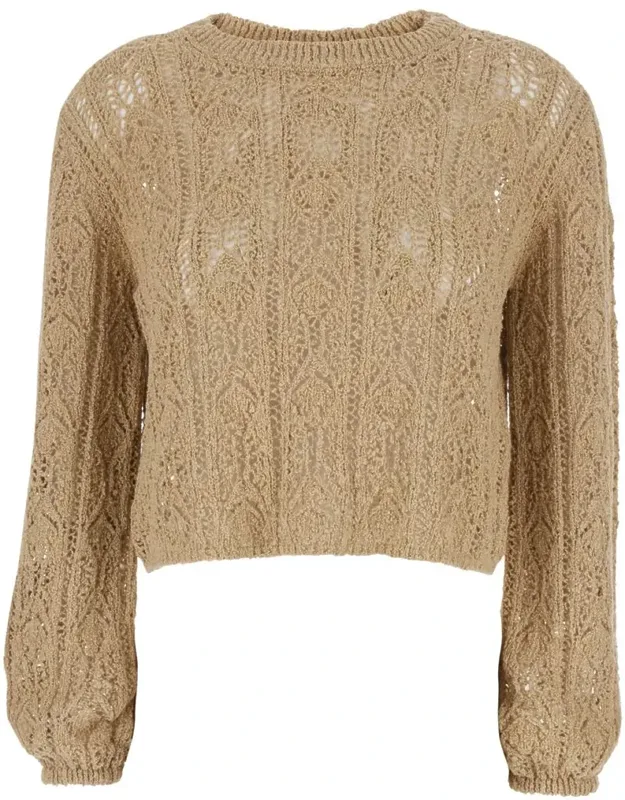 Cropped Sweater With Elastic Hem And Perforated Design In Cotton Blend