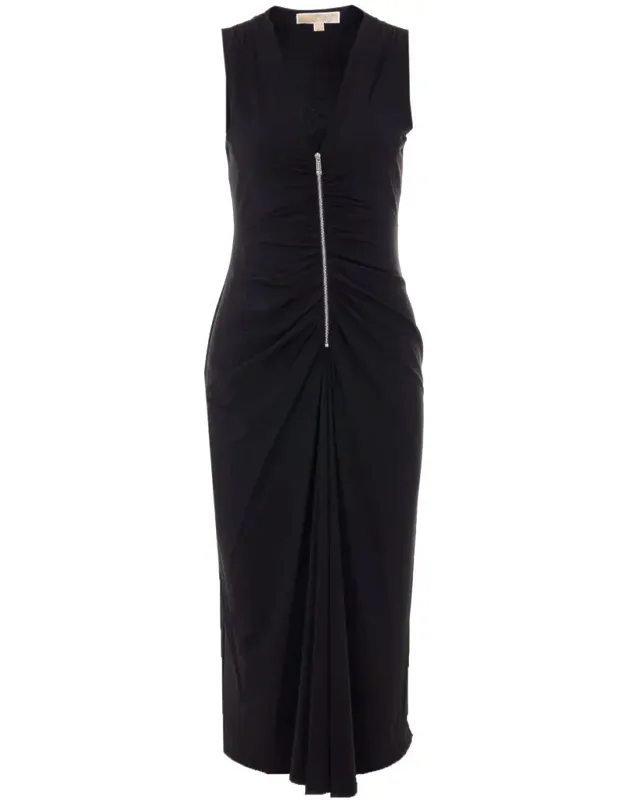 Black Dress With Zip Closure And Ruffled Sleeves