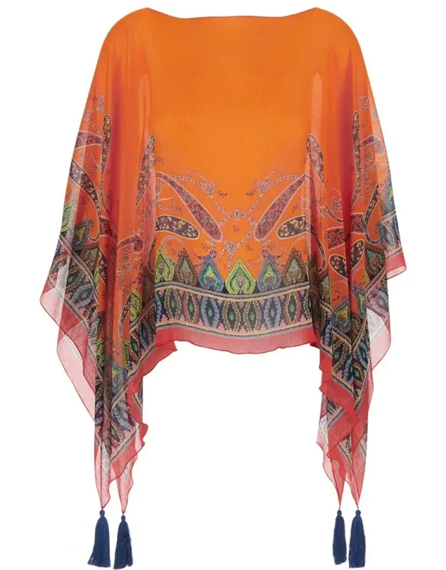Cape With Front And Rear Print And Tassel Details In Silk