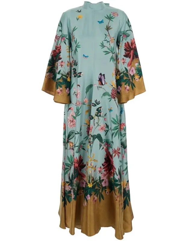Multicolor Long Dress With Rear Bow Detail And All-over Floral Motif In Silk