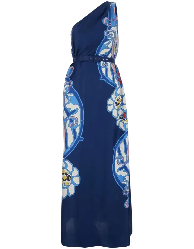 Multicolor Silk Long Dress With Elastic Belt And All-over Floral Print