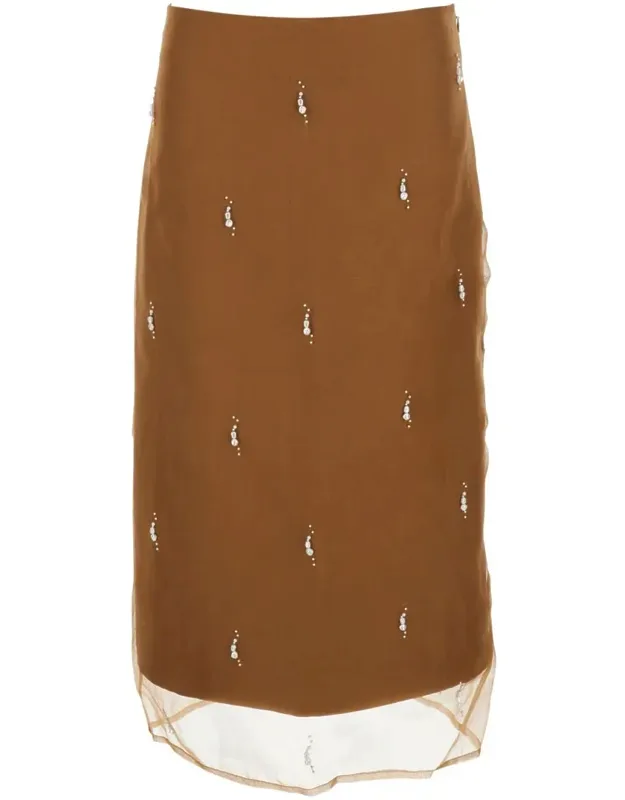 Silk Skirt With Organza Hem And Embroidered Pearls