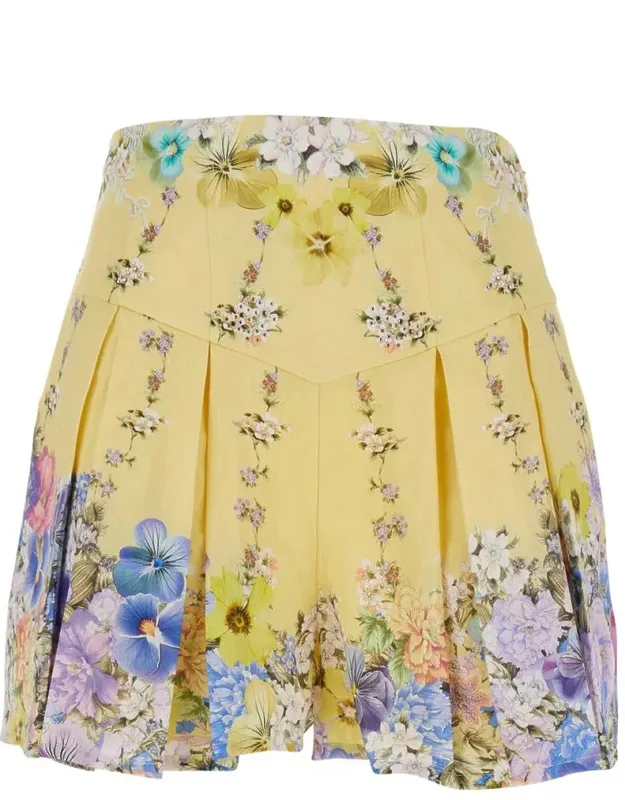 Multicolor Shorts With Floral Print And Crystal Embellishments In Linen And Silk