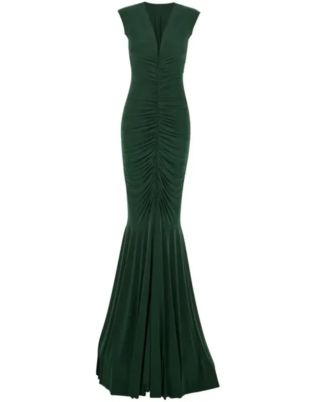 Sleeveless Long Dress With V Neck And Flared Skirt In Tech Fabric Stretch