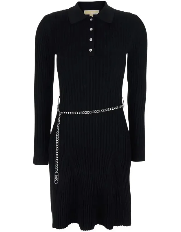 Dress With Polo Shirt Style Collar And Front Chain Belt In Viscose Blend