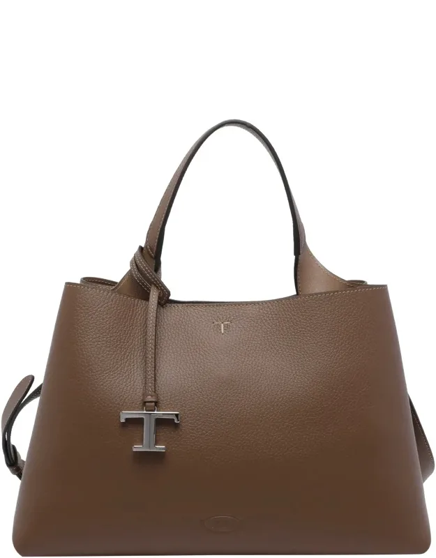 Medium Leather Handbag With Carabiner Closure And 2 Sections