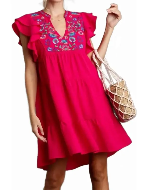 Embroidery Split Neck A Line Dress