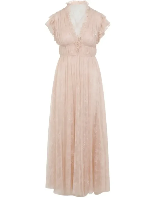Dress With Lace Transparent V-neck And Flared Skirt