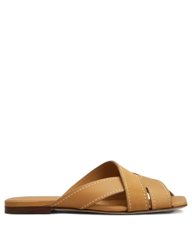 Flat Leather Sandals With Crossed Straps