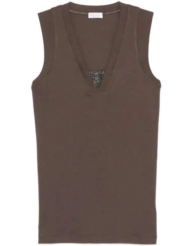 Stretch Cotton Jersey Tank Top With Precious Faux-layering Clothing