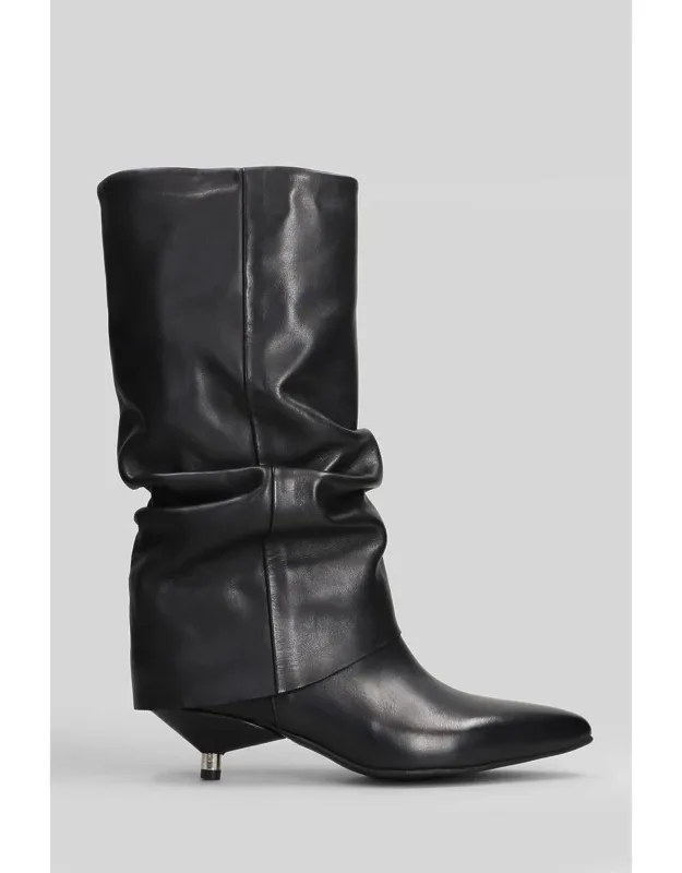 Metisse Low Heels Ankle Boots, Cuffed Hem, Draped Leather