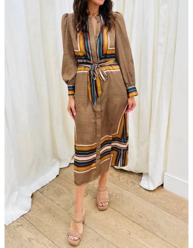 Nancy Midi Dress In Scarf With Blouson Sleeves And Cinchable Waist Belt
