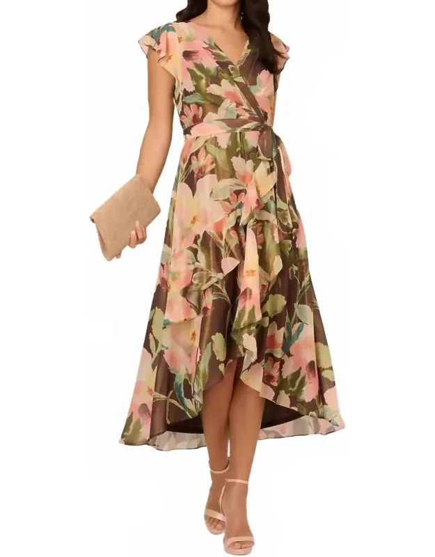 Flutter Sleeve High Low Midi Wrap Dress