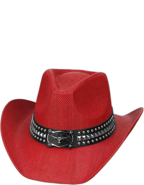 Metal Steer Head Buckle Studded Faux Leather Band Western Straw Cowboy Hat