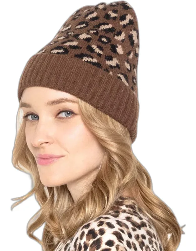 Leopard Patterned Ribbed Cuff Beanie