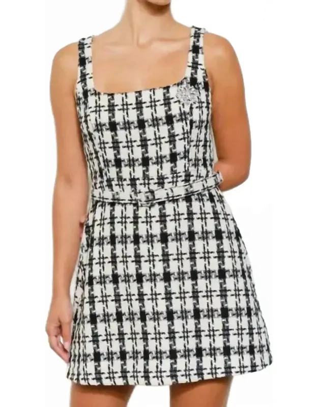 Check Tweed Brooch Detail Belted Mini Dress