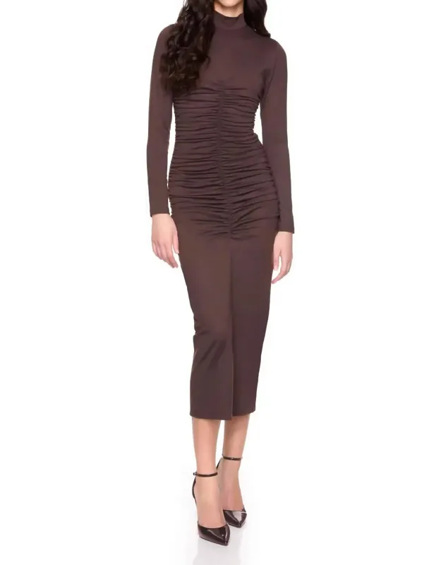 Mockneck Gathered Front Long Sleeve Dress