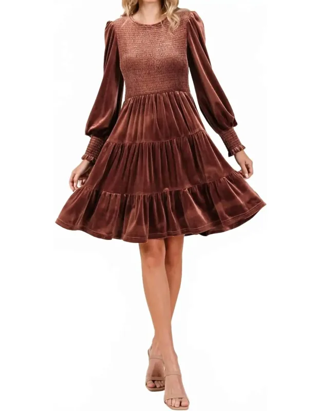 Smocked Long Sleeve Ruffle Hem Tiered Velvet Dress