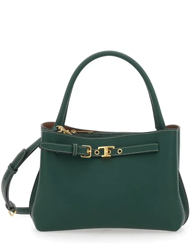 T-string Handbag With Adjustable And Removable Shoulder Strap And Buckled Belt Detail In Grained Leather