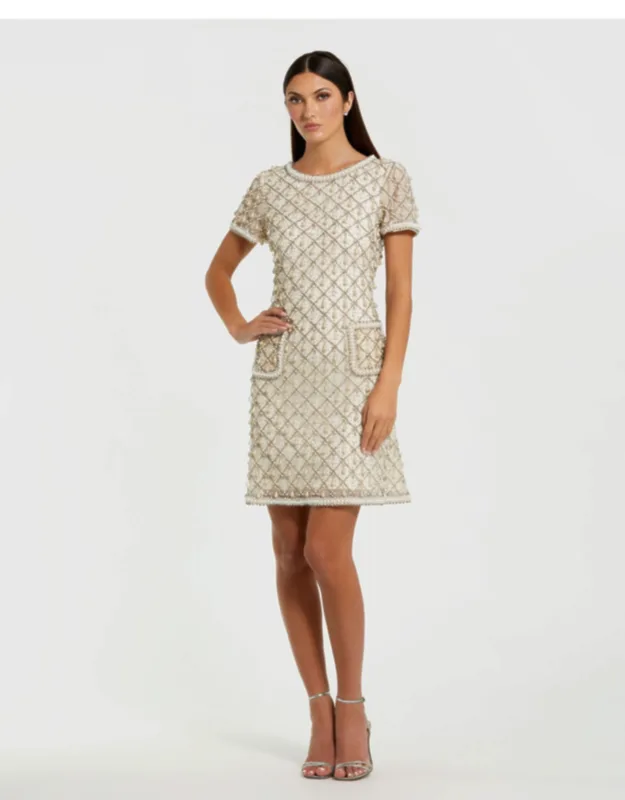 Ivory Short Sleeve Embellished Mini Dress