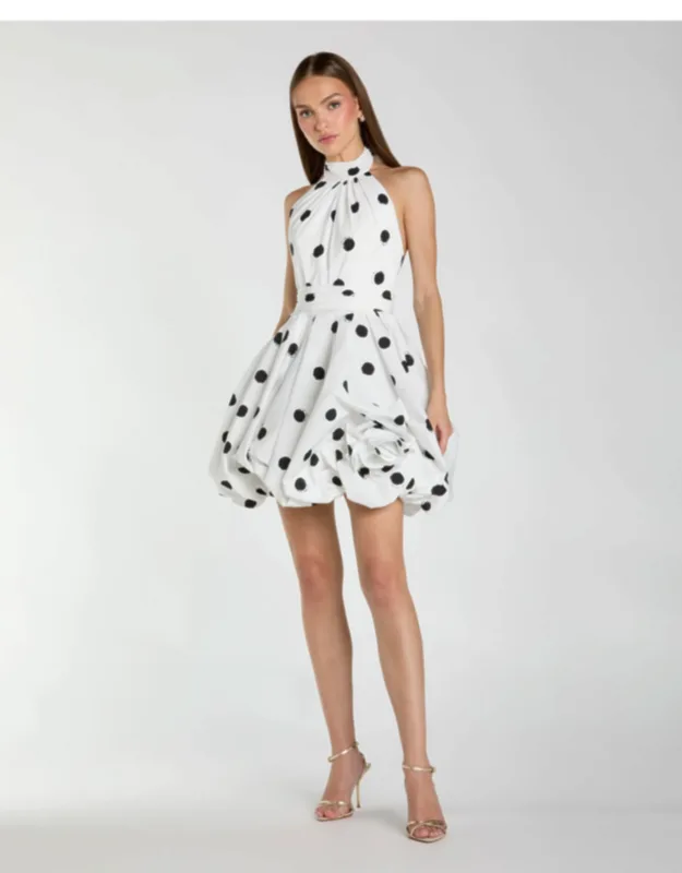 Polka Dot Halter Mini Dress With 3d Rose