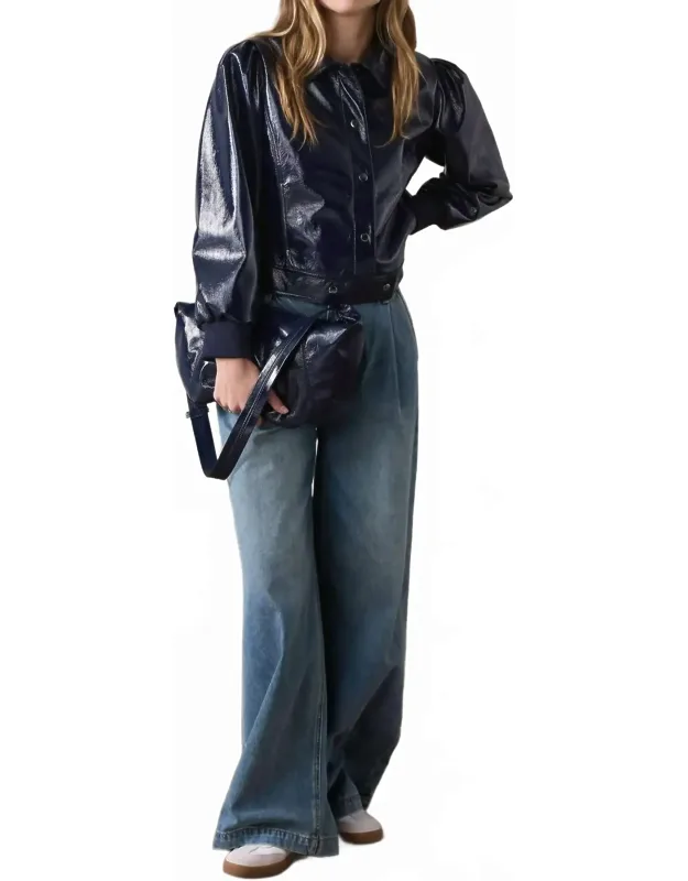 Patent Crop Jacket With Puff Sleeves